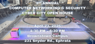 Cyber city layout with colored lights and train track, with text of event details superimposed