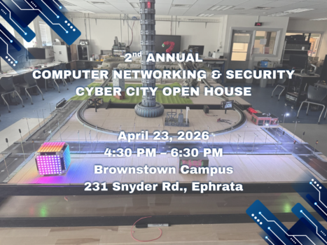 Cyber city layout with colored lights and train track, with text of event details superimposed