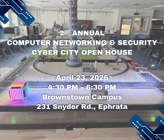 Cyber city layout with colored lights and train track, with text of event details superimposed